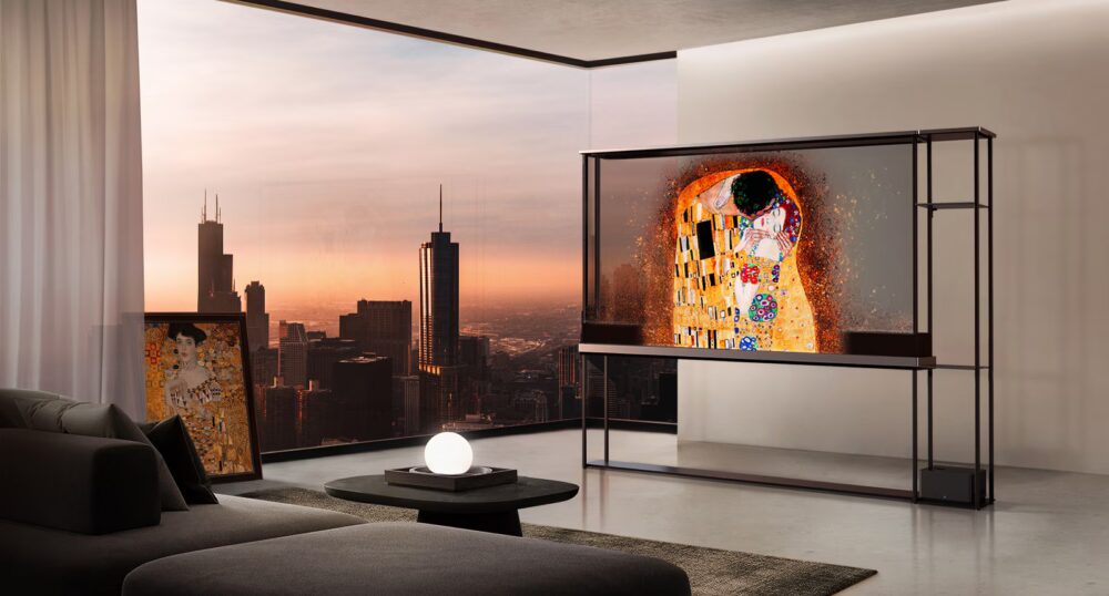 The LG transparent tv from CES displayed in a high rise apartment